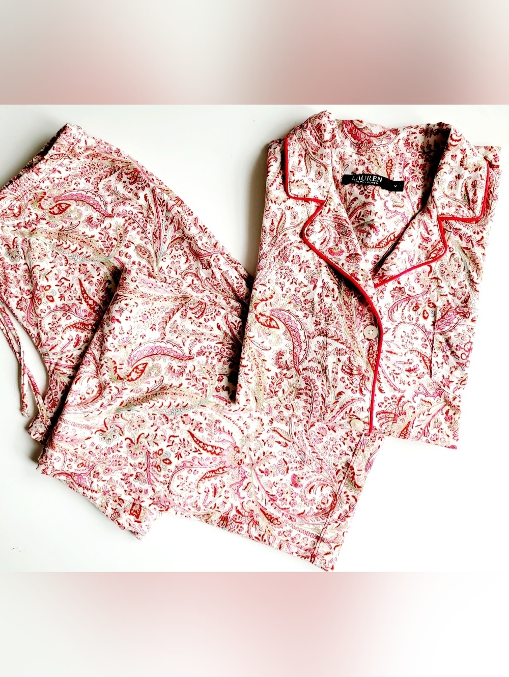 Ralph Lauren Pink Paisley Cotton Blend 2-pc. Pajamas Set LRL Embroidery Medium - Picture 3 of 16